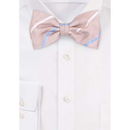Wheat Tan Striped Bowtie in Linen and Silk Fabric