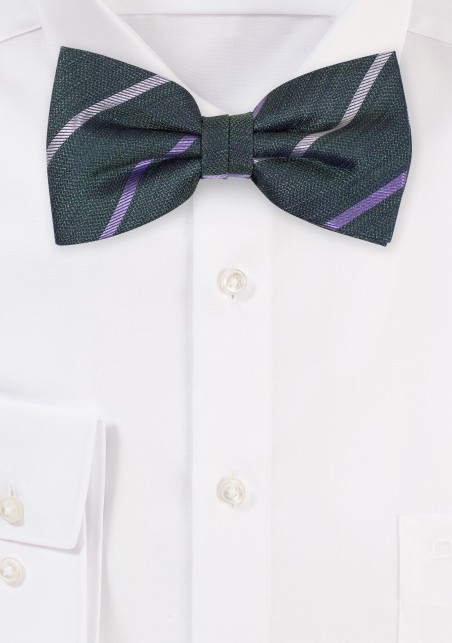 Pine Color Linen Silk Bow Tie with Stripes