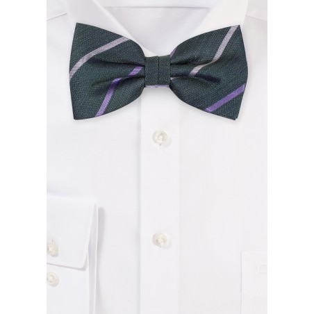 Pine Color Linen Silk Bow Tie with Stripes