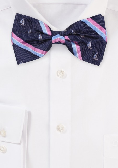 Navy and Pink Striped Bow Tie | Bow Tie with Sailing Yachts