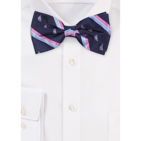 Navy and Pink Striped Bow Tie | Bow Tie with Sailing Yachts
