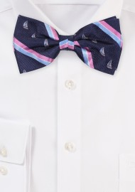 Navy and Pink Striped Bow Tie | Bow Tie with Sailing Yachts