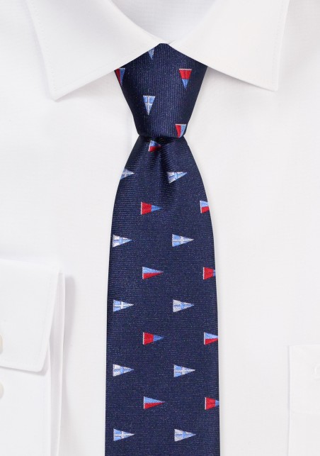 Skinny Tie with Sailing Burgees | Navy Skinny Necktie with Burgees