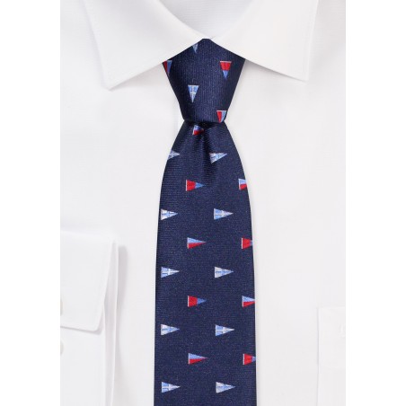 Skinny Tie with Sailing Burgees | Navy Skinny Necktie with Burgees