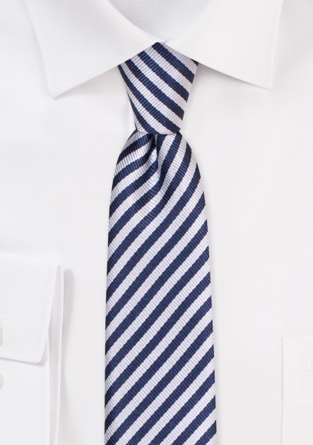 Navy and Silver Ribbed Skinny Tie | Skinny Striped Tie in Navy and Silver Repp