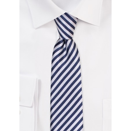 Navy and Silver Ribbed Skinny Tie | Skinny Striped Tie in Navy and Silver Repp