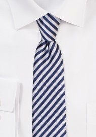 Navy and Silver Ribbed Skinny Tie | Skinny Striped Tie in Navy and Silver Repp