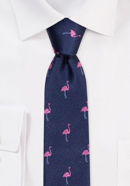 Skinny Tie with Pink Flamingos | Navy Tie in Skinny Width with Pink Flamingos