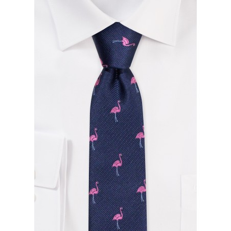 Skinny Tie with Pink Flamingos | Navy Tie in Skinny Width with Pink Flamingos
