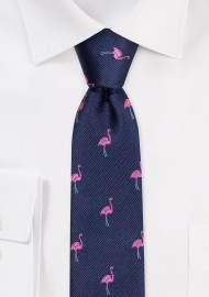 Skinny Tie with Pink Flamingos | Navy Tie in Skinny Width with Pink Flamingos