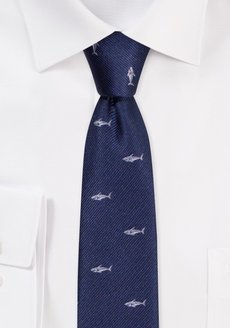Shark Skinny Necktie | Mens Tie in Navy with Sharks | Navy Skinny Tie with Tiny Sharks