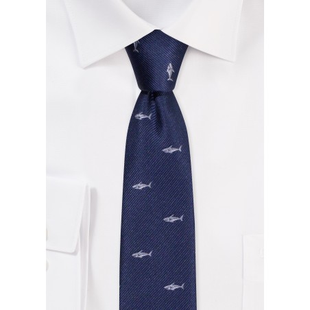 Shark Skinny Necktie | Mens Tie in Navy with Sharks | Navy Skinny Tie with Tiny Sharks