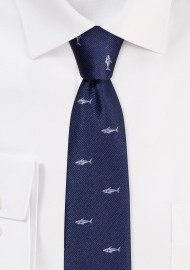 Shark Skinny Necktie | Mens Tie in Navy with Sharks | Navy Skinny Tie with Tiny Sharks