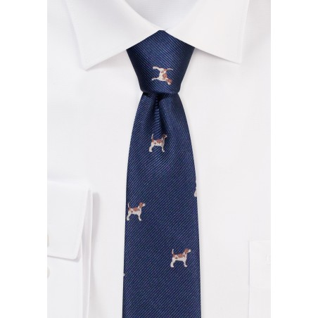 Navy Tie with Beagles in Skinny Width | Slim Cut Tie in Navy with Beagles