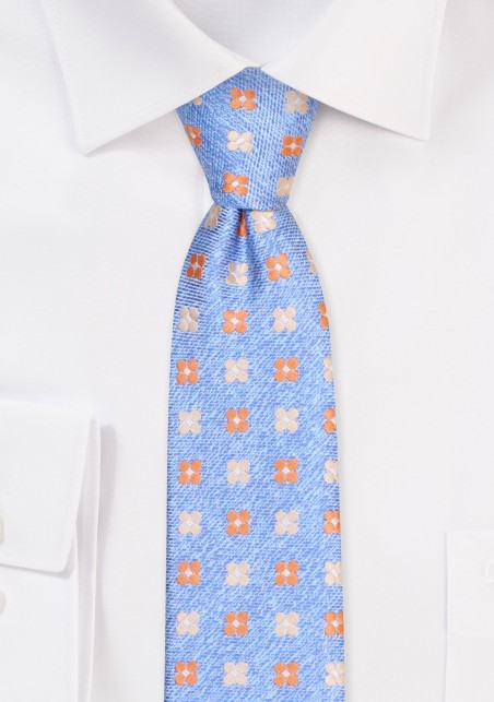 Light Blue and Orange Floral Tie | Skinny Necktie in Light Blue and Orange