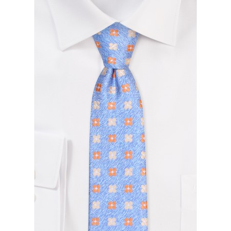 Light Blue and Orange Floral Tie | Skinny Necktie in Light Blue and Orange