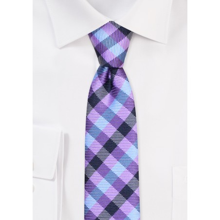 Gingham Check Skinny Tie | Lilac Purple Skinny Tie in Gingham Check