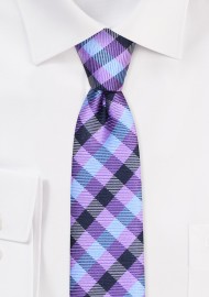 Gingham Check Skinny Tie | Lilac Purple Skinny Tie in Gingham Check