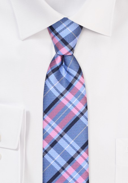 Tartan Plaid Skinny Tie | Blue and Pink Skinny Tie in Tartan Check Plaid