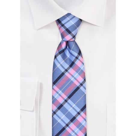 Tartan Plaid Skinny Tie | Blue and Pink Skinny Tie in Tartan Check Plaid