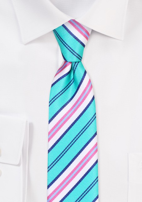 Repp Tie in Turquoise and Pink | Striped Skinny Tie in Turquoise and Pink