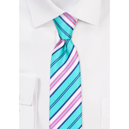 Repp Tie in Turquoise and Pink | Striped Skinny Tie in Turquoise and Pink