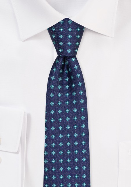 Skinny Tie in Blue and Green | Denim Blue Skinny Tie with Florals in Green