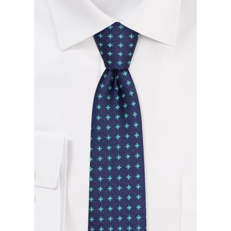 Skinny Tie in Blue and Green | Denim Blue Skinny Tie with Florals in Green