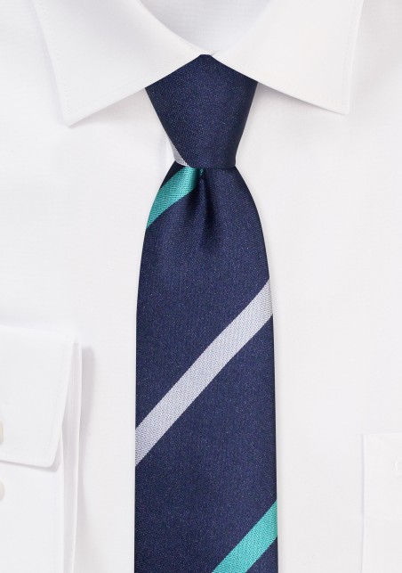 Navy Skinny Tie with Stripes | Navy Skinny Tie with Teal Green and Gray Stripes