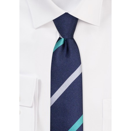 Navy Skinny Tie with Stripes | Navy Skinny Tie with Teal Green and Gray Stripes