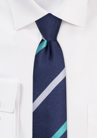 Navy Skinny Tie with Stripes | Navy Skinny Tie with Teal Green and Gray Stripes