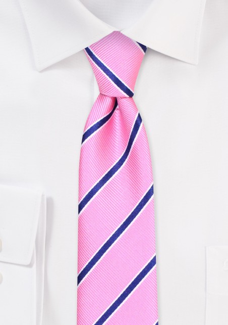 Pink Skinny Tie | Carnation Pink Skinny Tie with Stripes in Navy
