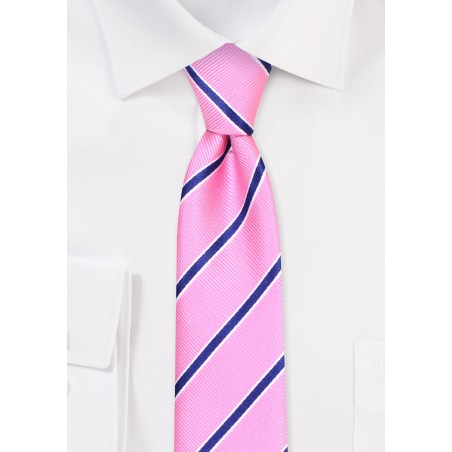 Pink Skinny Tie | Carnation Pink Skinny Tie with Stripes in Navy