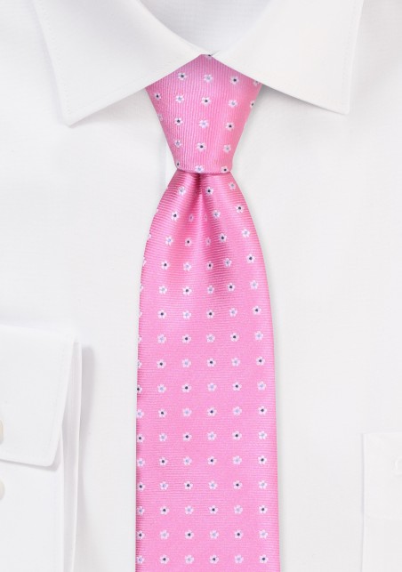Carnation Pink Skinny Tie | Slim Tie in Carnation Pink with Flowers