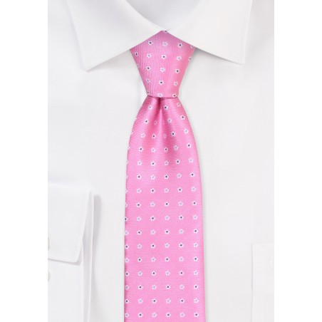 Carnation Pink Skinny Tie | Slim Tie in Carnation Pink with Flowers