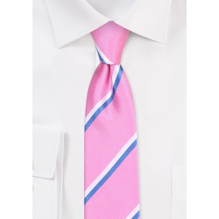 Pink Repp Tie | Skinny Necktie in Pink Repp Stripe