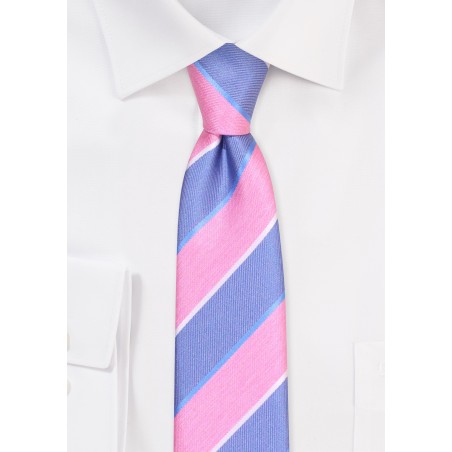 Skinny Tie with Pink and Navy Stripes | Mens Necktie in Pink in Slim Width
