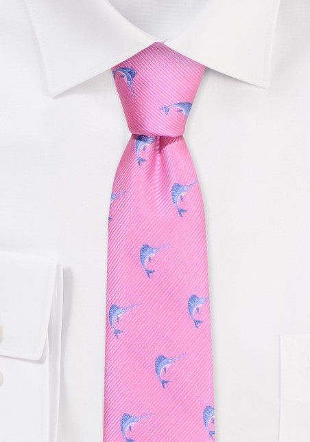 Skinny Tie with Sailfish | Pink Tie with Embroidered Sailfish
