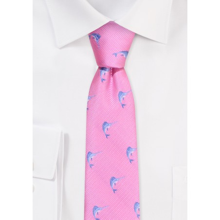 Skinny Tie with Sailfish | Pink Tie with Embroidered Sailfish