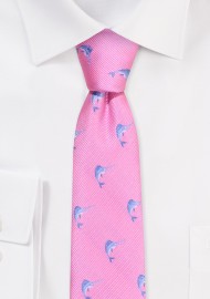 Skinny Tie with Sailfish | Pink Tie with Embroidered Sailfish