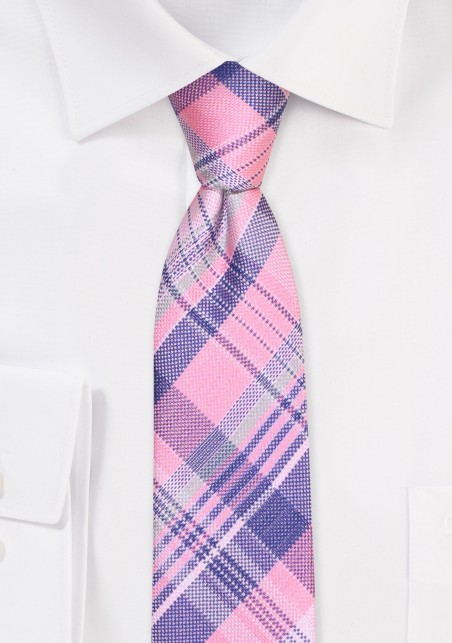 Pink and Gray Skinny Tie | Checkered Necktie in Pink and Gray