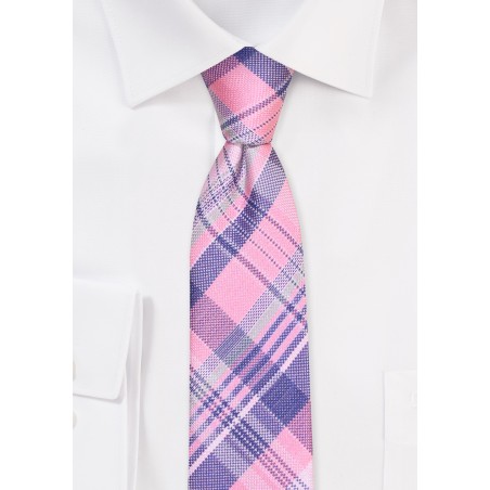 Pink and Gray Skinny Tie | Checkered Necktie in Pink and Gray