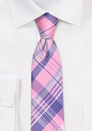 Pink and Gray Skinny Tie | Checkered Necktie in Pink and Gray