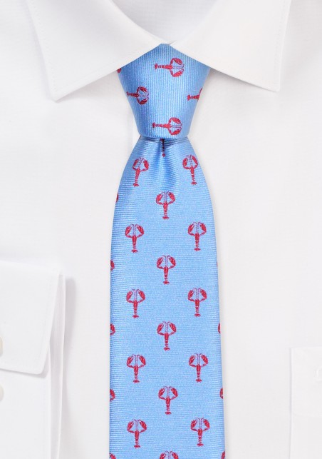 Lobster Pattern Skinny Tie | Slim Tie in Light Blue with Lobsters