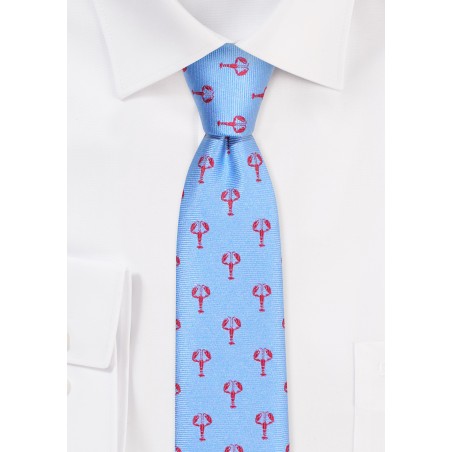 Lobster Pattern Skinny Tie | Slim Tie in Light Blue with Lobsters
