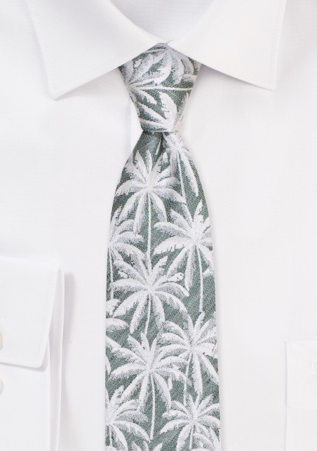 Skinny Palm Tree Tie | Green Skinny Tie in Linen and Silk with Palm Trees