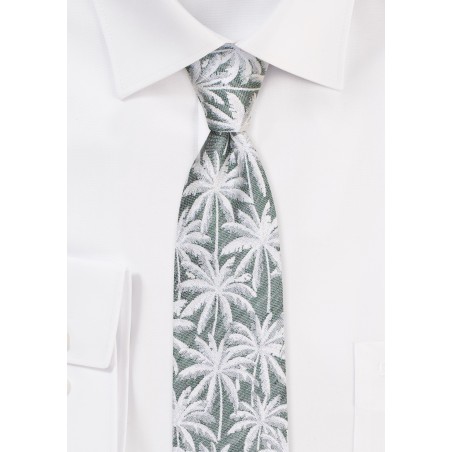 Skinny Palm Tree Tie | Green Skinny Tie in Linen and Silk with Palm Trees