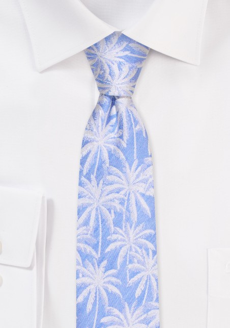 Skinny Palm Tree Tie in Blue | Blue Skinny Tie in Linen and Silk with Palm Trees