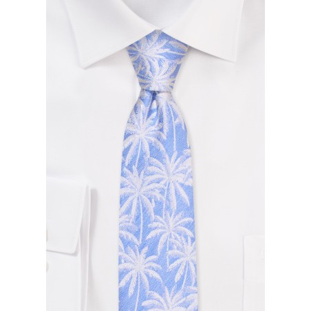 Skinny Palm Tree Tie in Blue | Blue Skinny Tie in Linen and Silk with Palm Trees