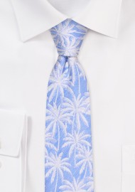 Skinny Palm Tree Tie in Blue | Blue Skinny Tie in Linen and Silk with Palm Trees